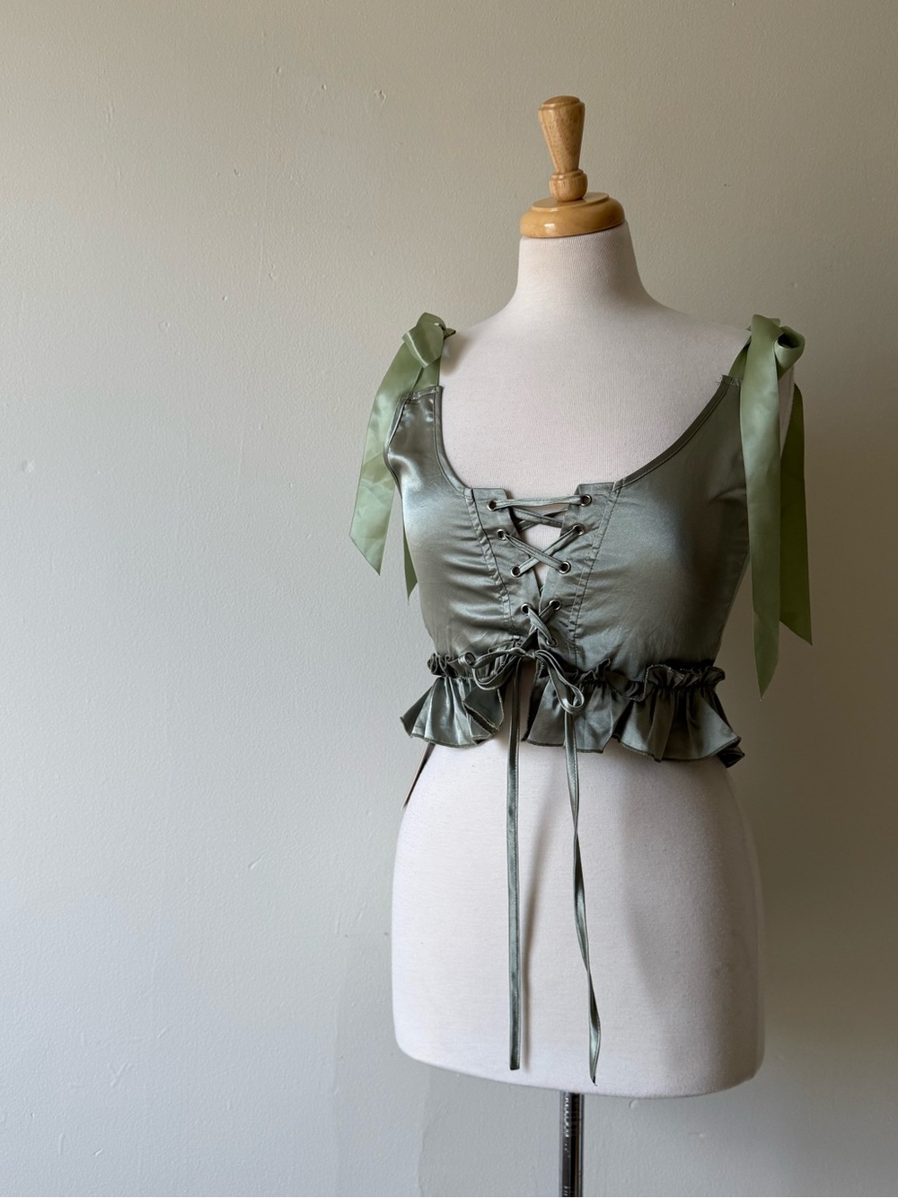 Romwe Sage Satin Lace-Up Fairycore Corset Crop Top NWT